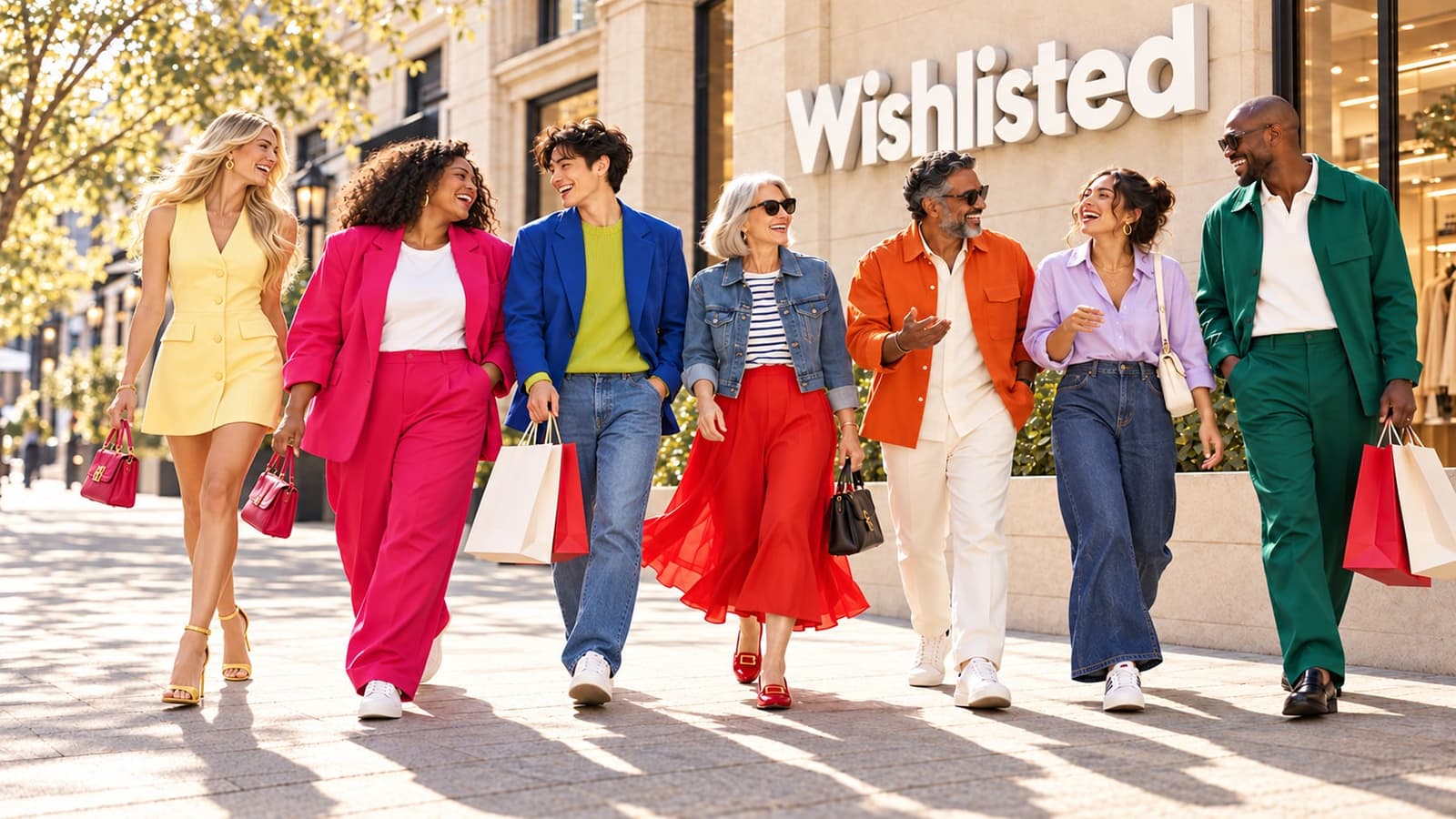 Seven people in colorful outfits walking together beneath the Wishlisted sign on a sunny city street