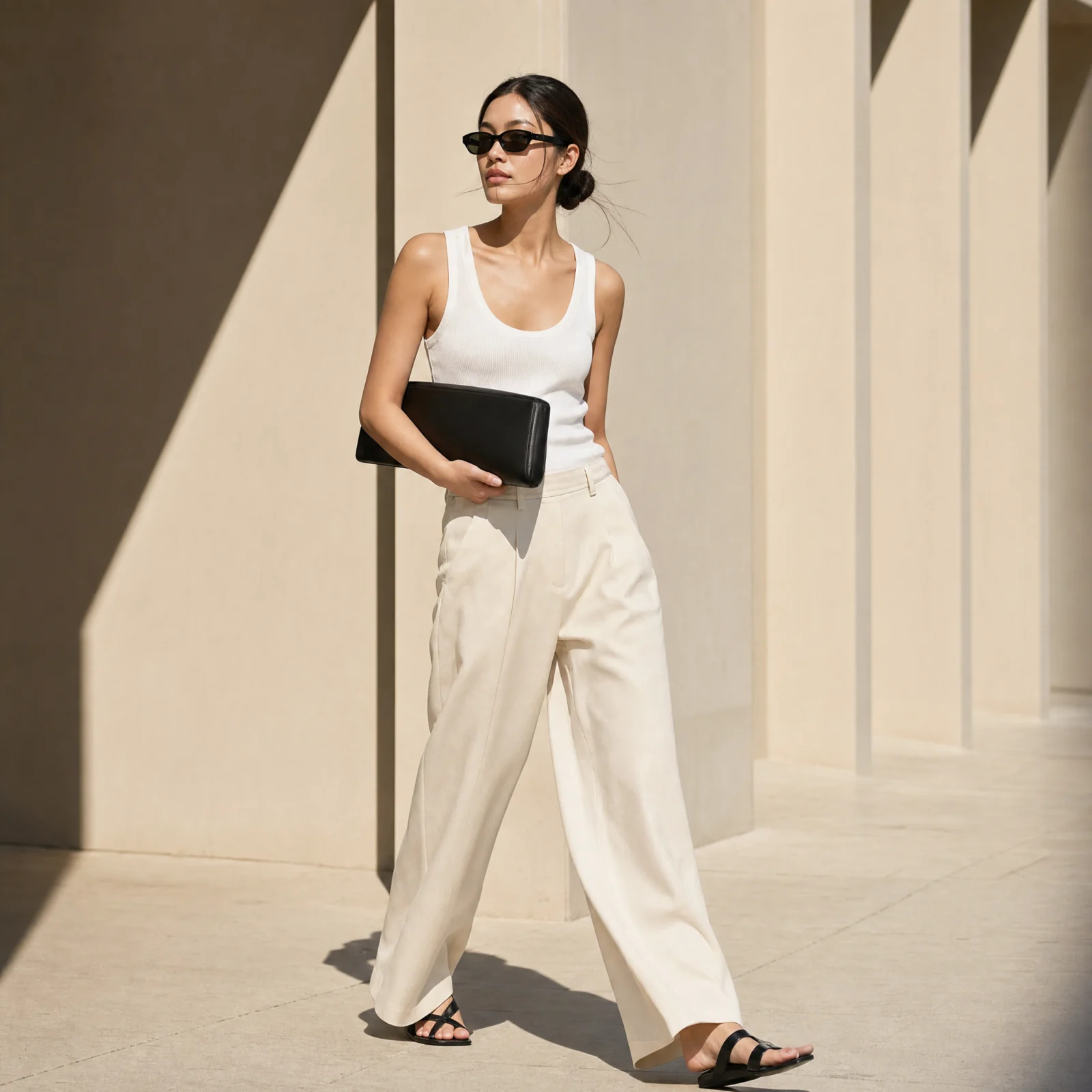 Elongated black shoulder bag styled for Wishlisted's east-west trend story