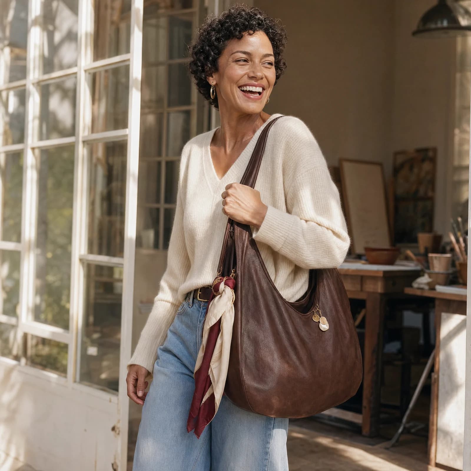 A collector smiling while carrying a softly structured brown leather bag