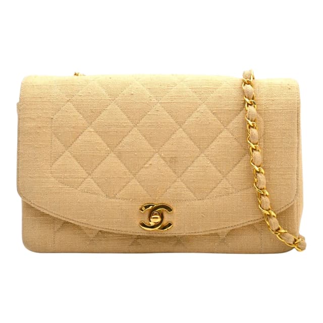 Chanel Around 1992, linen Diana flap chain bag 25cm beige from VINTAGE QOO TOKYO, photo 1 of 1
