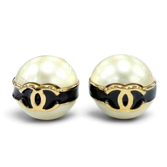 Chanel CC Logo Eco Pearl Black Line Earrings Gold in Black from The Reluxe, photo 1 of 1
