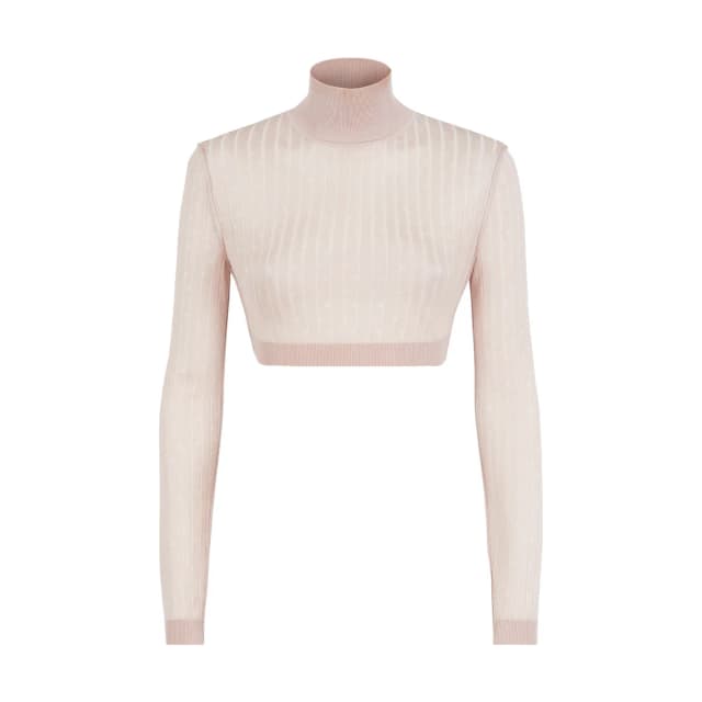 Fendi Micro Pinstripe FF Patterned Viscose Cropped Turtleneck Sweater in Baby Pink Viscose from Designer Archives, photo 1 of 1
