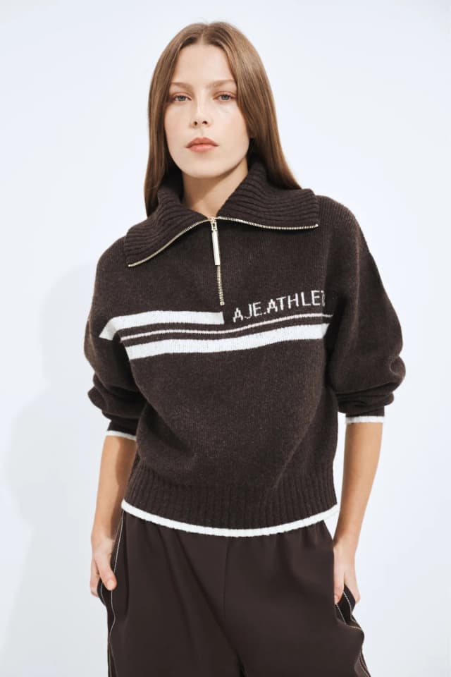 Athletica 1/4 Zip Stripe Logo Knit in CHOCOLATE/WHITE, image 1 of 1 from Aje
