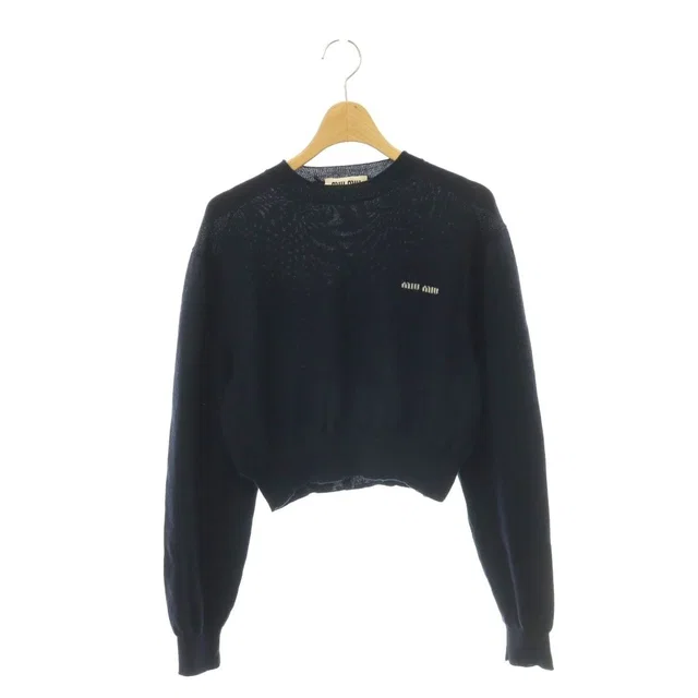 Miu Miu Virgin Wool Logo Cropped Knit Sweater Long Sleeve Navy 38 in Navy Wool from The Reluxe, photo 1 of 1