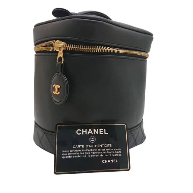 Chanel Vintage Vanity Bag Black Leather Gold CC Logo with Card in Black Leather from The Reluxe, photo 1 of 1