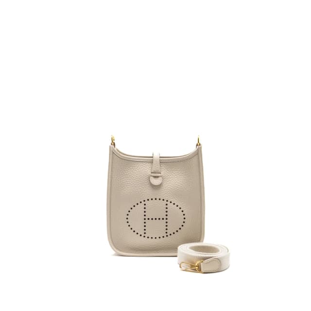 Hermès Mini Evelyne Clemence Craie GHW Stamp G in White Clemence leather from EMIER, photo 1 of 1