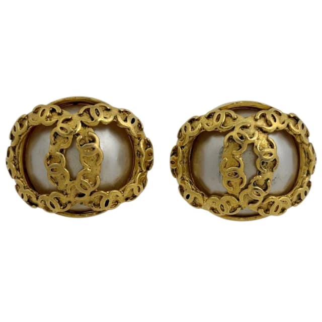 Chanel CC Logo Faux Pearl Earrings Round Gold Plated White in White from The Reluxe, photo 1 of 1
