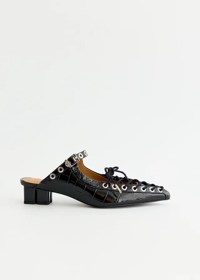 Ganni Croco Eyelets Lace Up Mules in 099 Black, image 1 of 1 from Incu