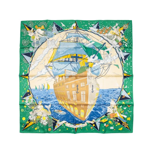 90cm Silk Scarf “Hermes Flagship” Green / Multicolour in Green Silk from EMIER, photo 1 of 1