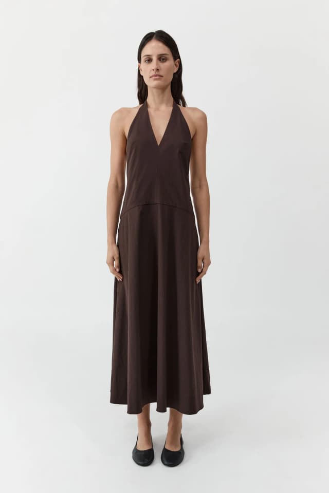 St Agni Halter Plunge Dress - Bark, image 1 of 1 from St. Agni