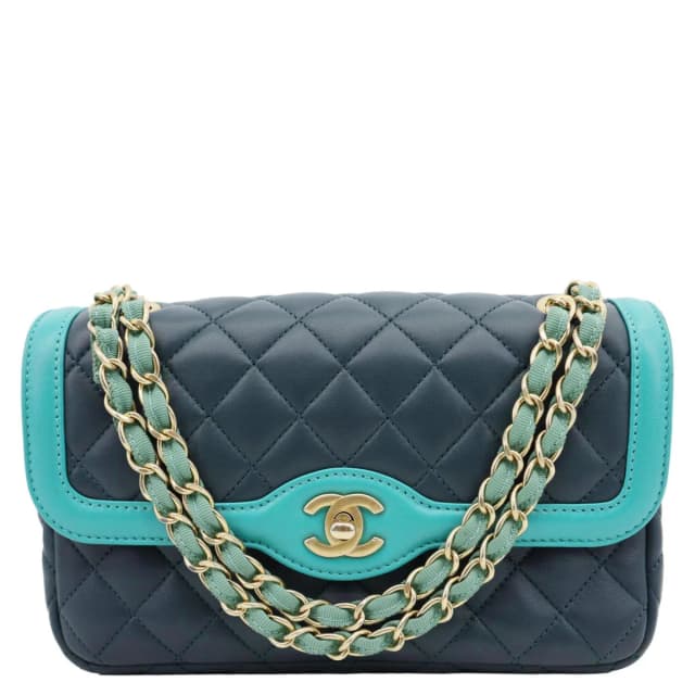 Chanel Bi-Color Flap Quilted Lambskin Leather Crossbody Bag Turquoise in Blue Lambskin from Dallas Designer Handbags, photo 1 of 1