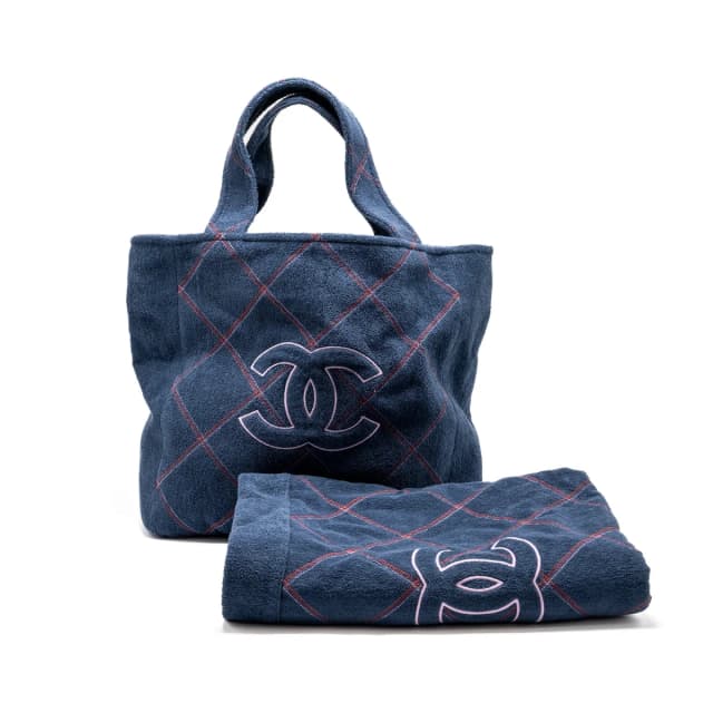 Chanel Coco Beach Tote Bag with Towel/Pouch Set Terry Cloth Navy SHW in Navy from EMIER, photo 1 of 1