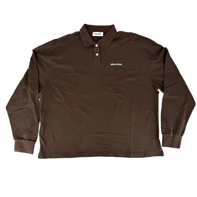 Miu Miu Polo Shirt Cotton Pique Long Sleeve Top Brown White Spring Autumn in Brown from The Reluxe, photo 1 of 1