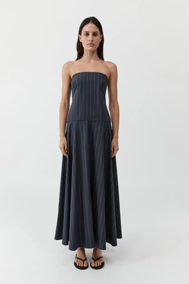 St Agni Strapless Rouleau Dress - Ink Stripe, image 1 of 1 from St. Agni