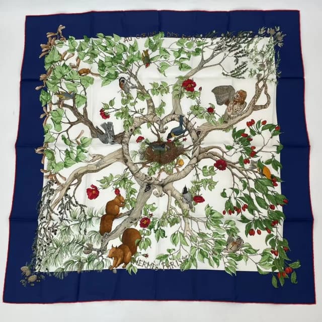 Hermès Carre 90 Coeur Des Bois In The Woods Navy 100% Silk Scarf in Navy Silk from The Reluxe, photo 1 of 1