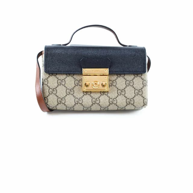 Gucci GG Supreme Padlock Mini Top Handle Shoulder Bag Brown/Black in Black Canvas from The Purse Affair, photo 1 of 1