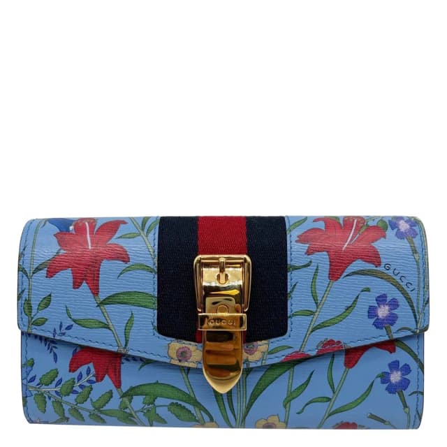 Gucci Sylvie Continental Floral Print Leather Wallet Blue 476084 in Blue Leather from Dallas Designer Handbags, photo 1 of 1