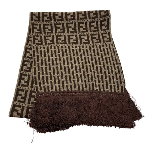 Fendi Zucca Pattern Fringe Muffler Brown Wool Stole Scarf in Brown Wool from The Reluxe, photo 1 of 1