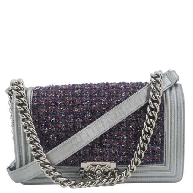 Chanel Boy Flap Tweed Bag Shoulder Bag Silver in Silver Tweed from Dallas Designer Handbags, photo 1 of 1