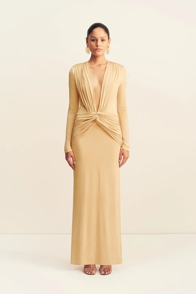 Shona Joy MIRO SLINKY JERSEY LONG SLEEVE MAXI DRESS - SAND, image 1 of 1 from Shona Joy