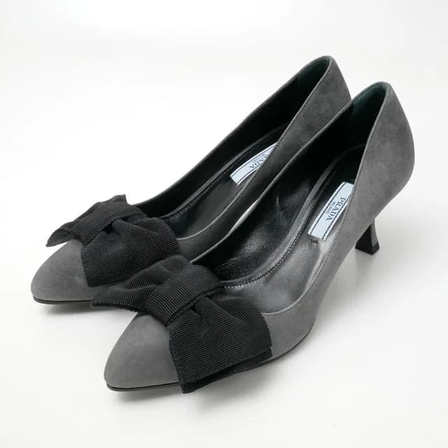 Prada Pumps Suede Ribbon Pointed Toe Heels in Suede from The Reluxe, photo 1 of 1