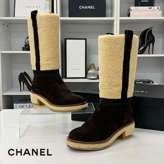 Chanel Shearling Suede CC Logo Long Boots Brown Beige in Brown Suede from The Reluxe, photo 1 of 1