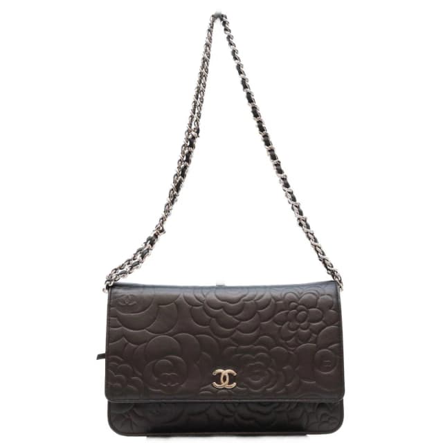 Chanel Black Lambskin Silver Camellia Chain Wallet Shoulder Bag in Black Lambskin from The Reluxe, photo 1 of 1