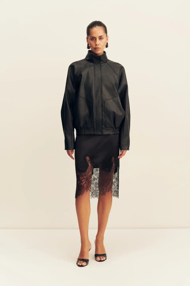 Shona Joy KENNEDY FUNNEL NECK FAUX LEATHER JACKET - BLACK, image 1 of 1 from Shona Joy