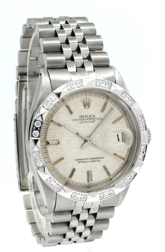 Men Vintage ROLEX Oyster Perpetual Datejust 36mm Silver Linen Dial Diamond Watch | Rolex | Buy… in Silver from Truefacet, photo 1 of 1