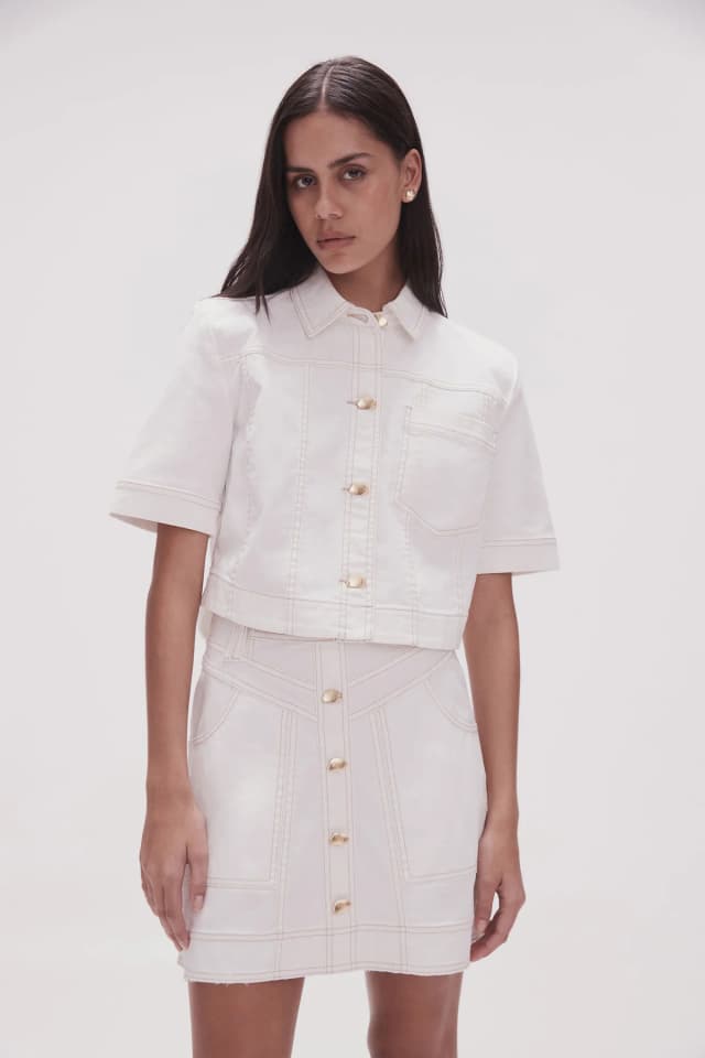 AJE Ember Denim Crop Shirt in WHITE, image 1 of 1 from Aje