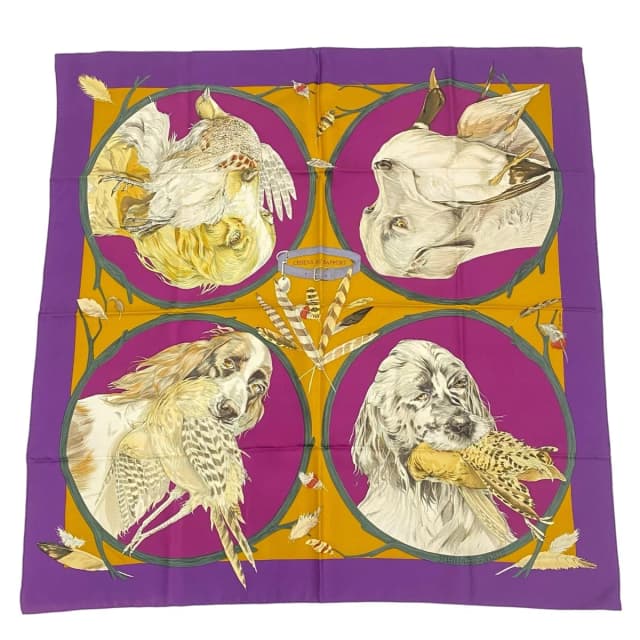 Hermès Carre 90 Scarf Silk Chiens AU Rapport Hound Purple in Purple Silk from The Reluxe, photo 1 of 1