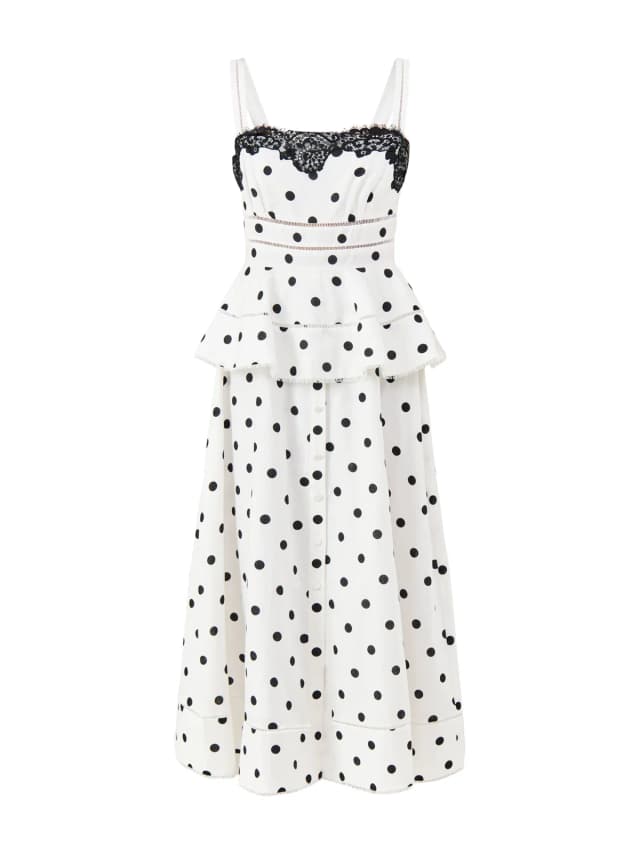 Self-Portrait White Polka Dot Linen Midi Dress in White, image 1 of 1 from Fenwick