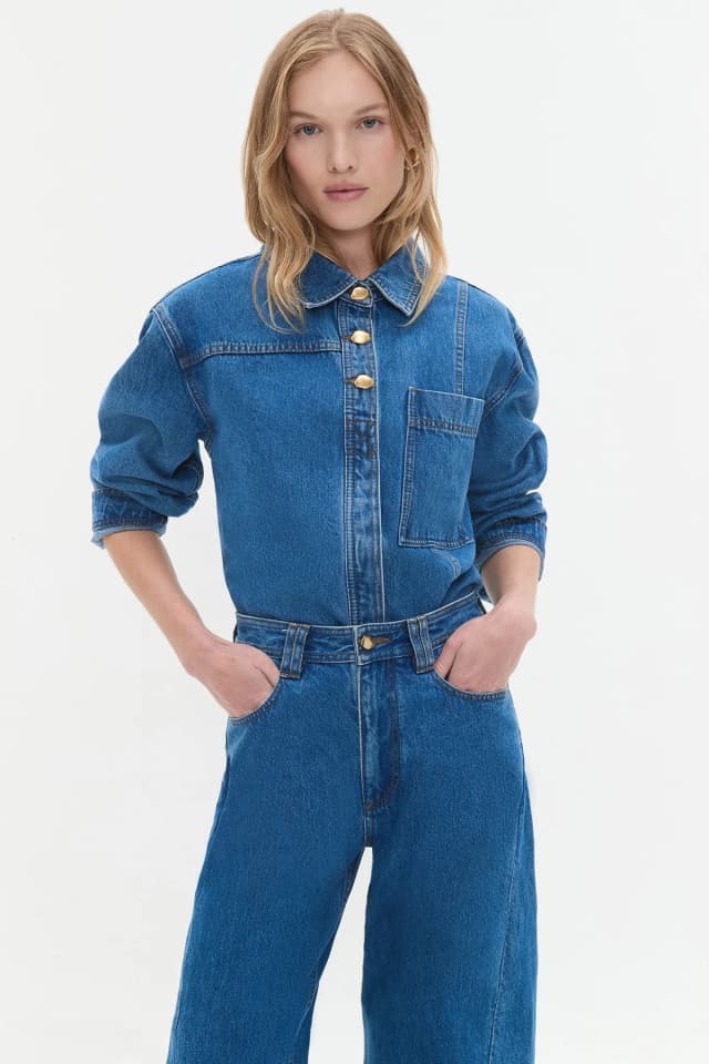 AJE Rylan Long Sleeve Denim Shirt in MID WASH BLUE, image 1 of 1 from Aje