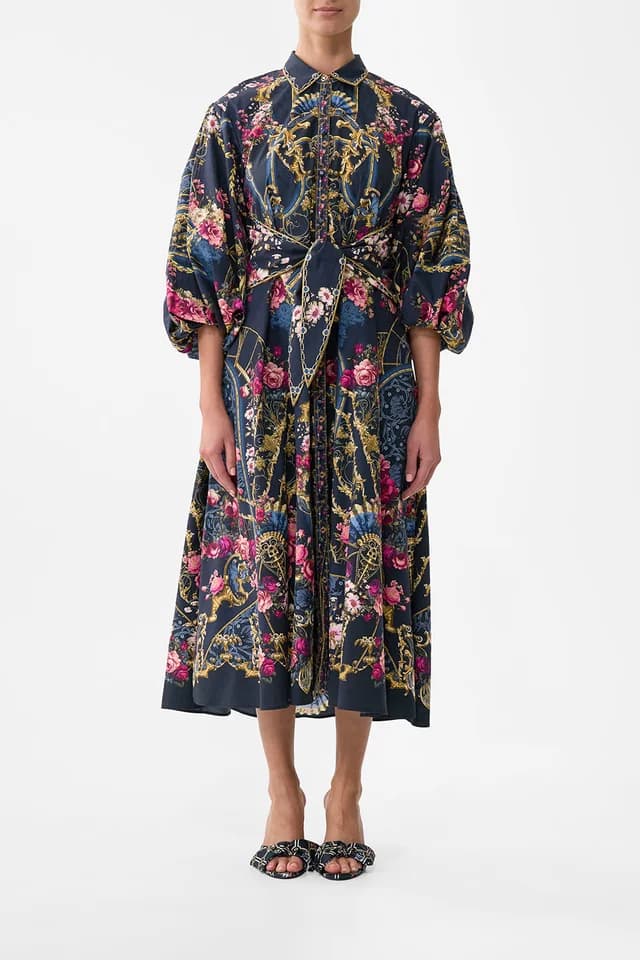 Camilla eBoutique WAIST TIE SHIRT DRESS WITH BUBBLE SLEEVE ORNATE ON A PLATE, image 1 of 1 from CAMILLA
