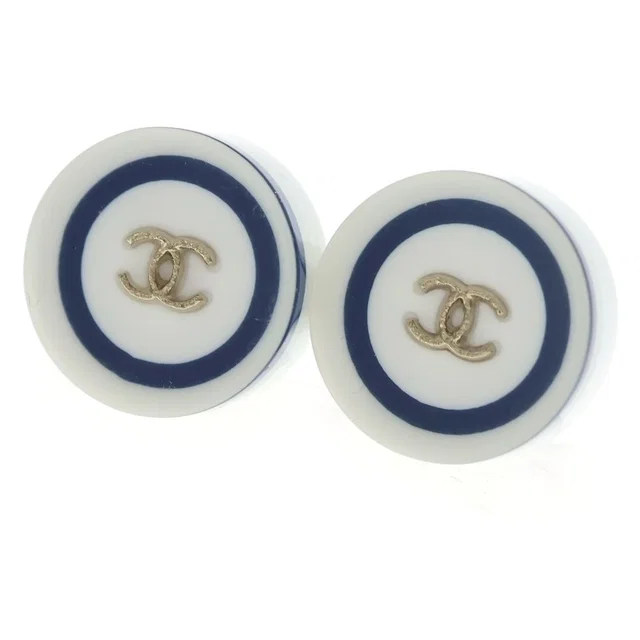 Chanel CC Logo Plastic Round Earrings 10C White Blue in White from The Reluxe, photo 1 of 1