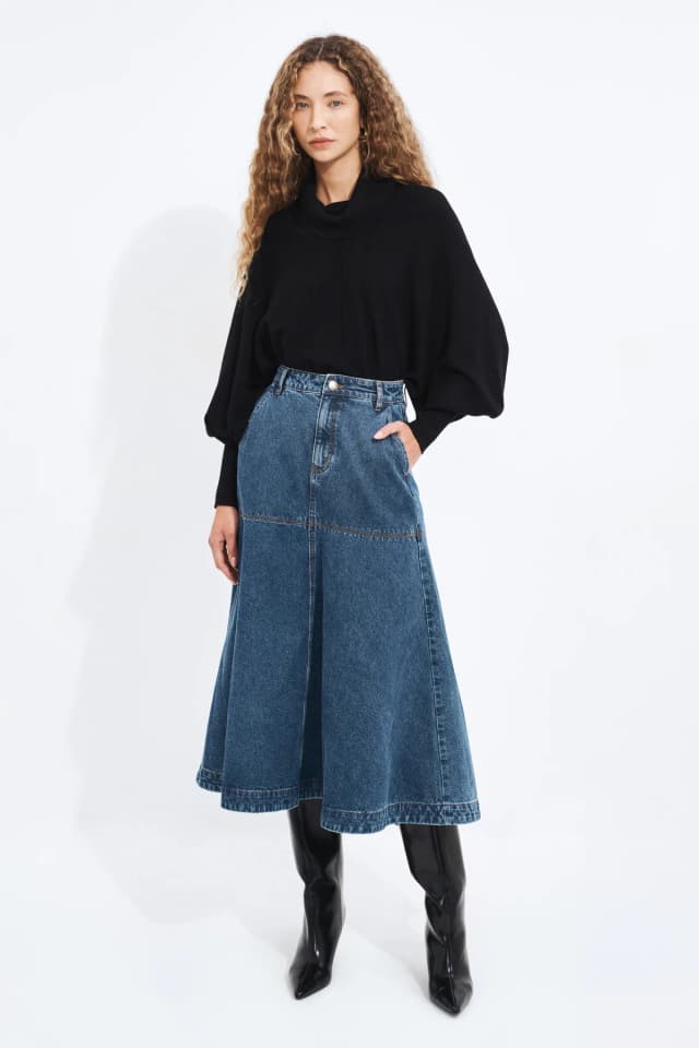 Aje Studio Olivia Denim Midi Skirt in MID WASH, image 1 of 1 from Aje