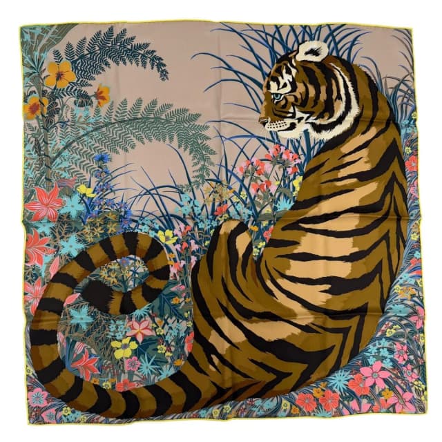 Hermès Carre 70 Tiger Silk 100% Beige Sundre Brown Multicolor Scarf in Brown Silk from The Reluxe, photo 1 of 1