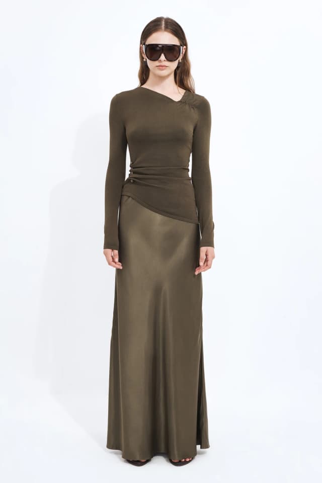 Aje Studio Lana Bias Maxi Skirt in OLIVE, image 1 of 1 from Aje