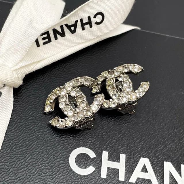 Chanel CC Logo Earrings 03A Rhinestone Icon Silver in Silver Leather from The Reluxe, photo 1 of 1