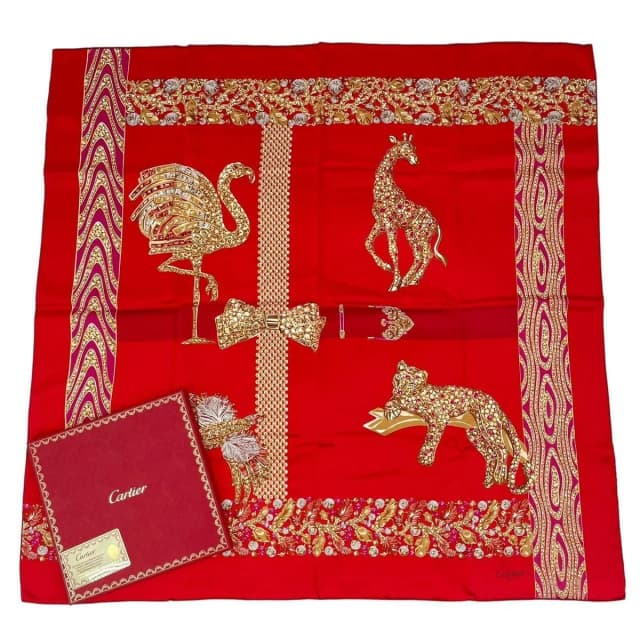 Cartier Cartie Scarf Large Silk Animal Pattern Leopard Print Red in Red Silk from The Reluxe, photo 1 of 1
