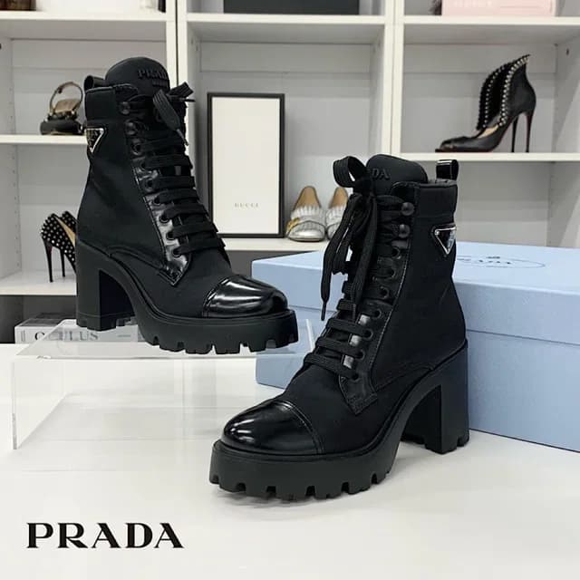 Prada Triangle Logo Nylon Leather Lace Up Short Boots in Nylon from The Reluxe, photo 1 of 1