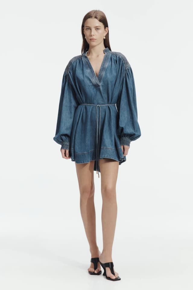 AJE Viva Denim Mini Dress in STORMY WASH, image 1 of 1 from Aje