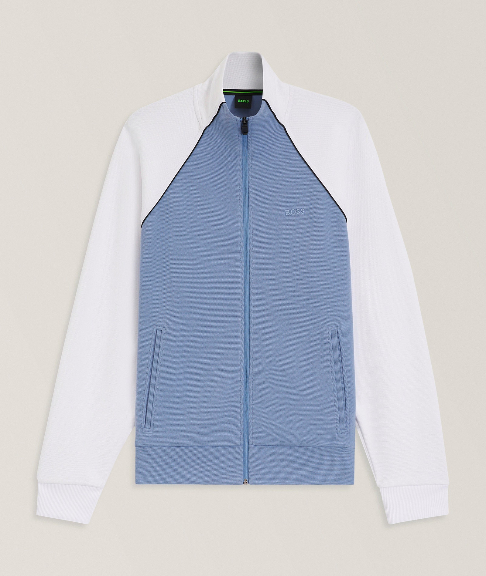BOSS Contrast-Piping Full-Zipper Piqué Sweatshirt in Blue 53% cotton, 44% polyester, 3% elastane, image 1 of 1 from Harry Rosen