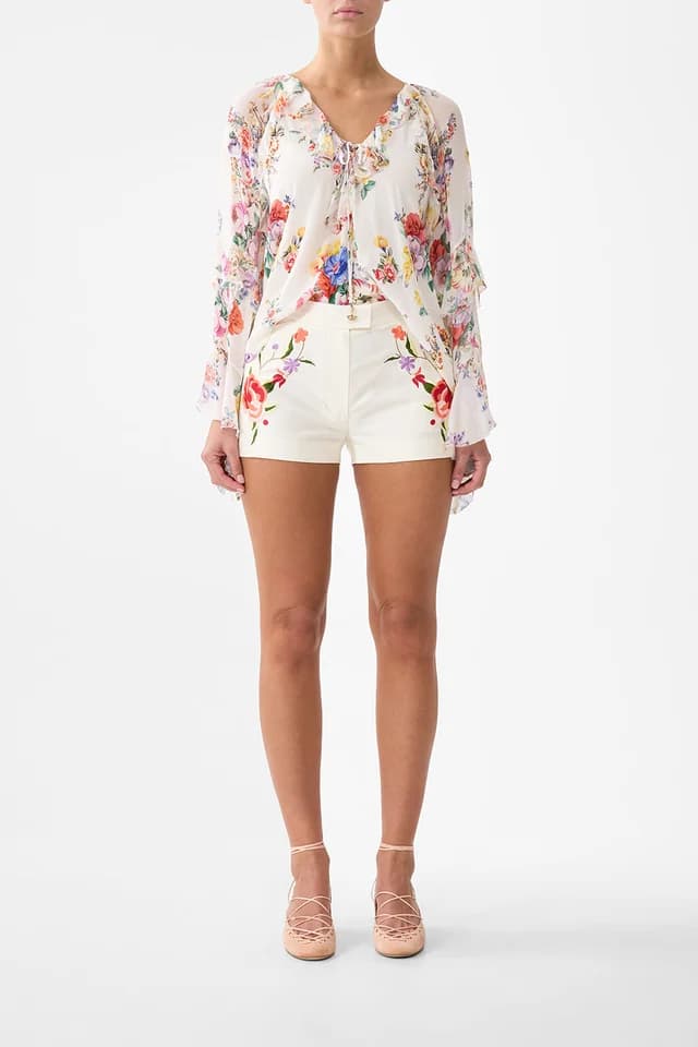 Camilla eBoutique LACE UP V NECK BLOUSE WITH CASCADE RUFFLES I LEFT MY HEART IN GRANADA, image 1 of 1 from CAMILLA