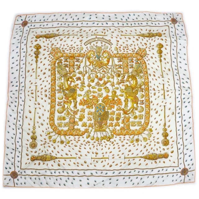 Hermès Carre 90 Tresors Retrouves Hidden Treasure with Card White Orange Scarf in White Silk from The Reluxe, photo 1 of 1