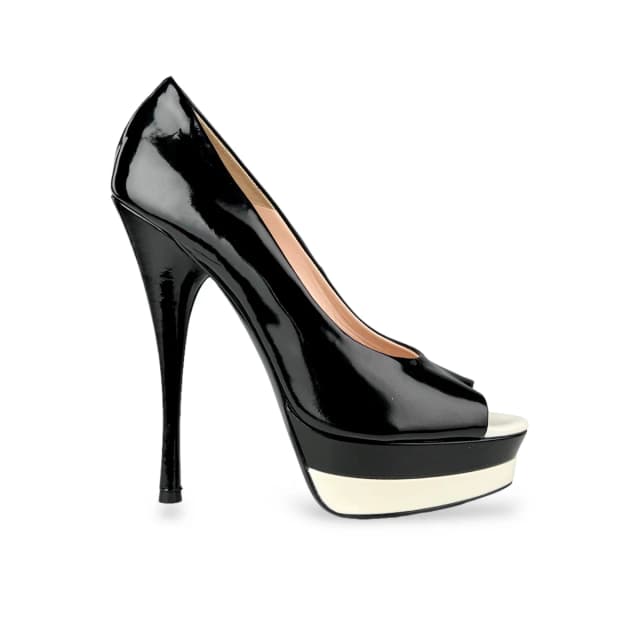 Versace and White Patent Leather Double Platform Peep Toe Heels in Black Patent Leather from Designer Archives, photo 1 of 1