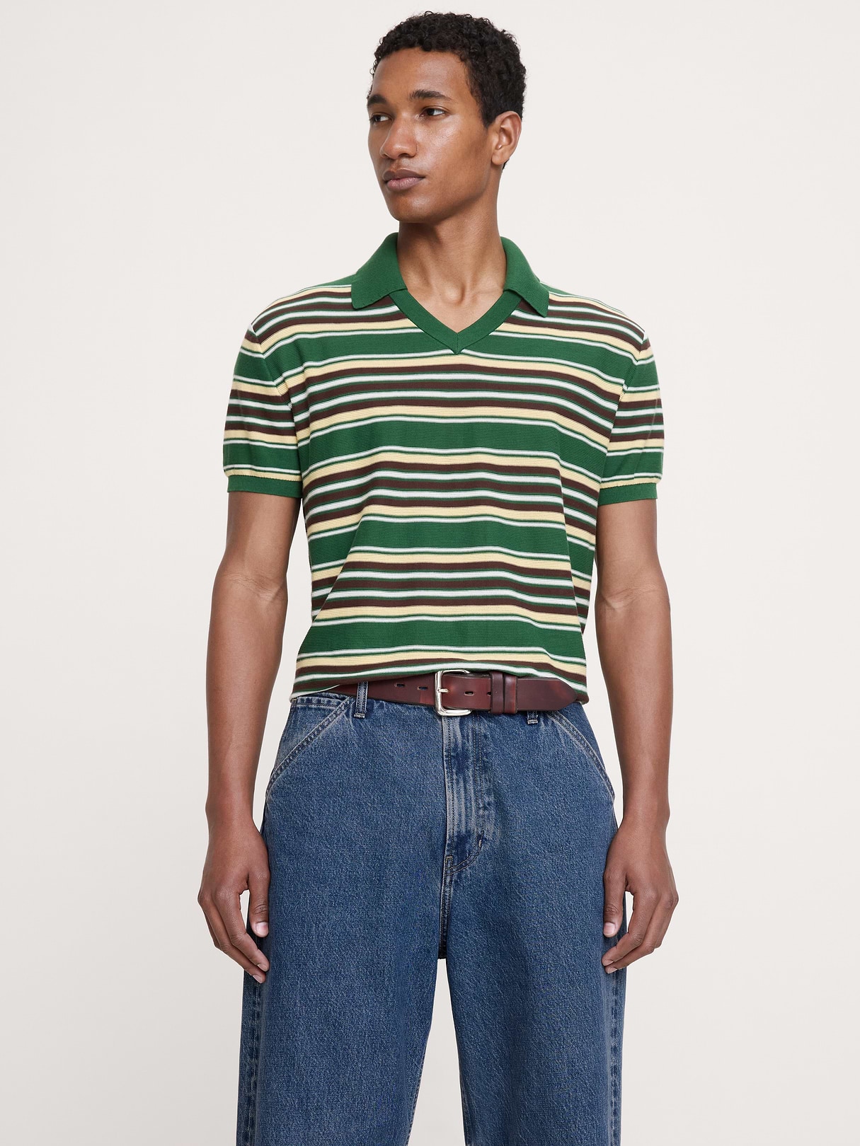 Banana Republic Cotton Sweater Polo in Green Stripe, image 1 of 1 from Banana Republic (Canada)