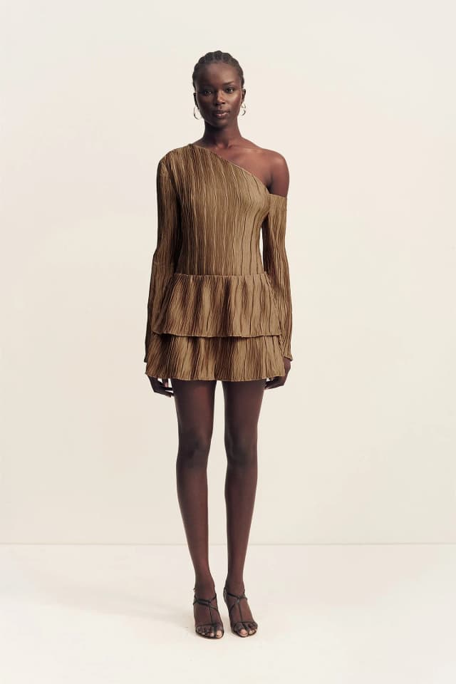 Shona Joy LEDA TEXTURED SATIN LAYERED MINI SKIRT - OAK, image 1 of 1 from Shona Joy