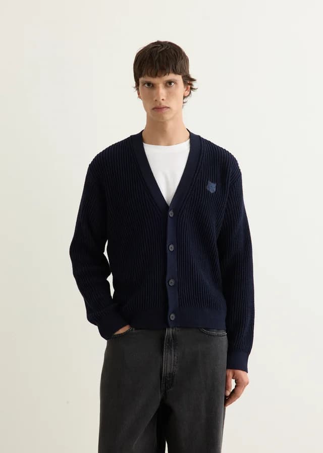 Maison Kitsune Fox Head Cotton Ribbed Cardigan in CLASSIC NAVY, image 1 of 1 from Incu