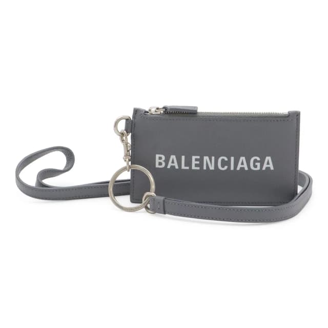Balenciaga Logo Cash Coin Purse Card Case Fragment Leather Gray Neck Strap in Grey Leather from The Reluxe, photo 1 of 1